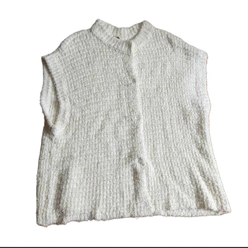 Free People Cream Eyelash Waffle Knit Chunky Snap Boho Cardigan Vest Size Large